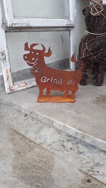 Deko Spaß Kuh mit der Schrift Griaß di ein Blickfang für ihren Eingang 25x25 cm